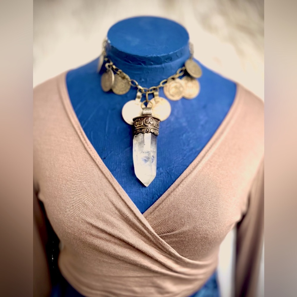 Tribal Kuchi Coin Necklace with Quartz Crystal Pendant